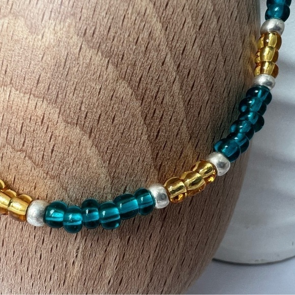 STRETCH Beaded Anklet with Blue and Gold Glass Beads - Picture 2 of 13